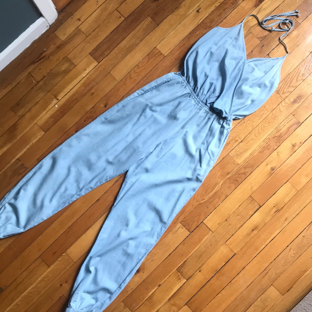 Denim chambray jogger jumpsuit